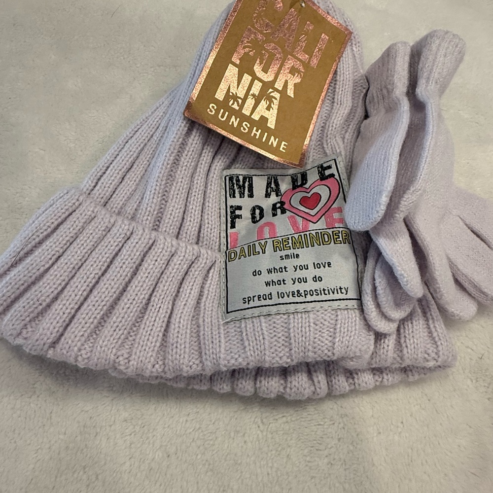California Sunshine purple hat gloves ‘Made for Love’ cute beanie patch 5 & up
